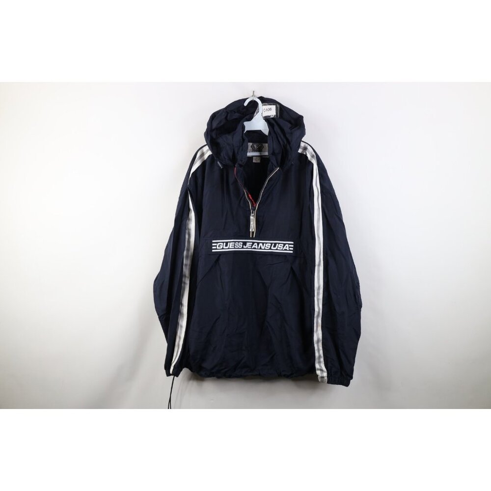 Vintage 90s Guess Mens XL Spell Out Reflective Hooded Anorak Windbreaker Jacket